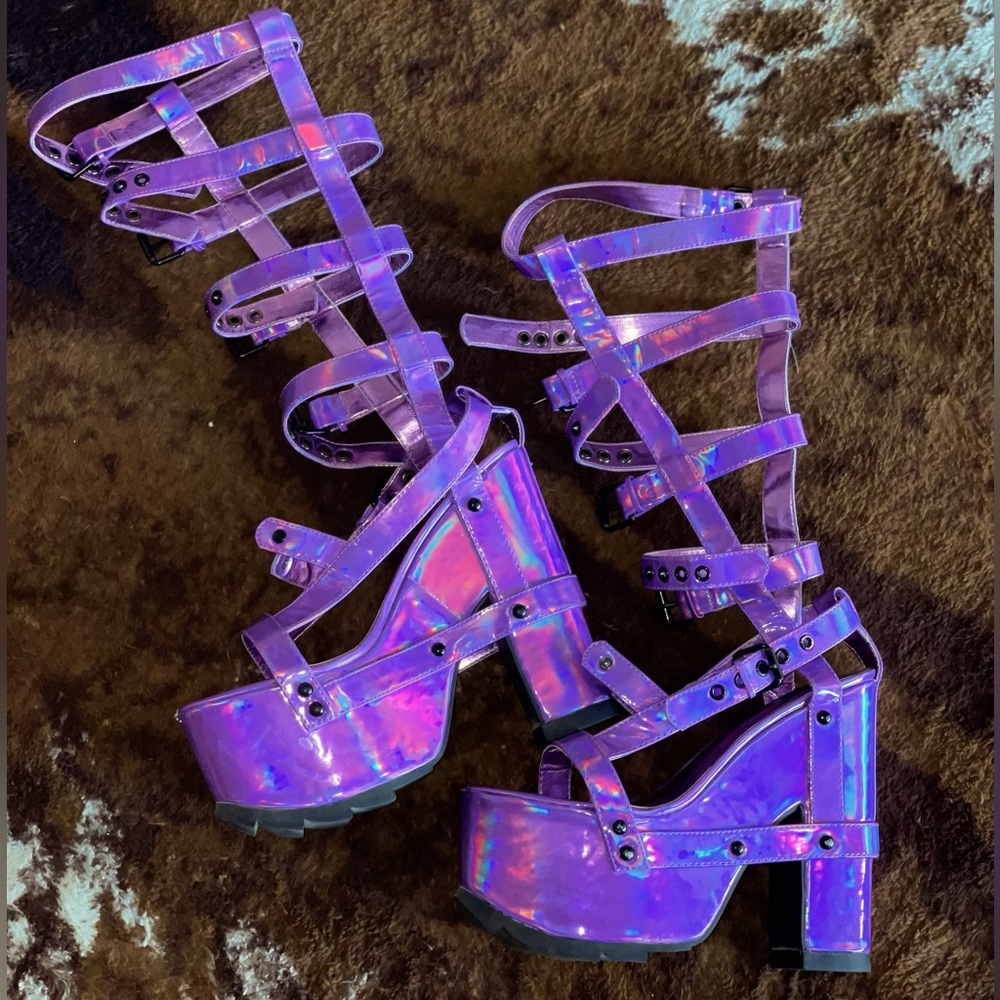Purple Holographic Rave Platform Boots/Heel/Sandals 7… - Gem